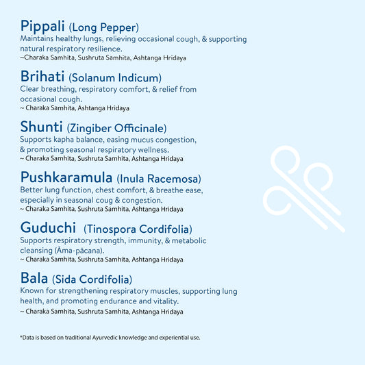 List of Ayurvedic herbs with their benefits on a light blue background.