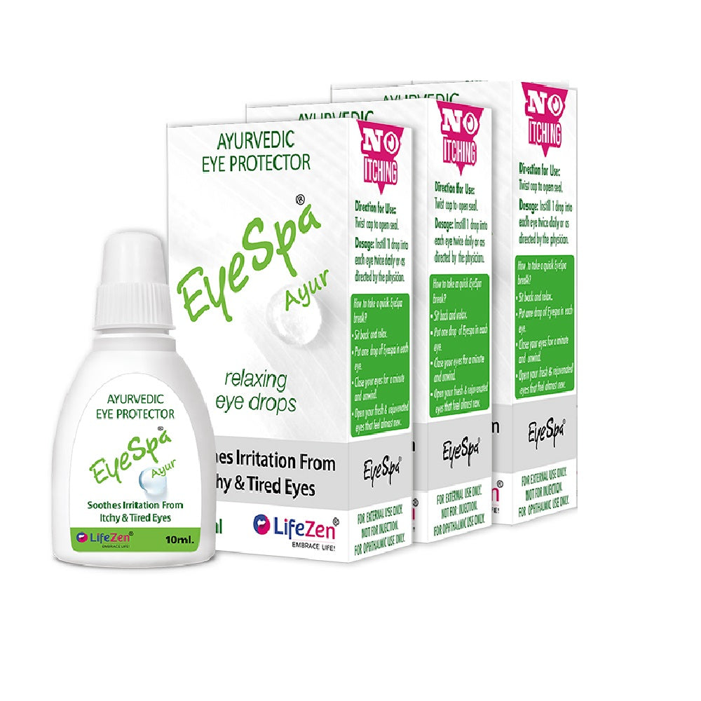 LifeZen EyeSpa Ayurvedic eye drops bottle with three packaging, displayed on a clean white background.
