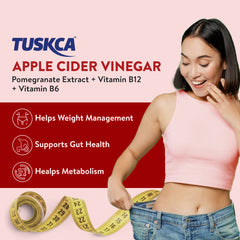 A woman measuring her waist with a tape, next to a graphic highlighting the ingredients and benefits of Tuskca Biotin, including weight management, gut care, and metabolism boost.