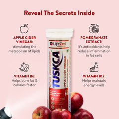 A bottle of Tuskca ACV with apples around it, highlighting key ingredients: Apple, Pomegranate, Vitamin B6, and B12.