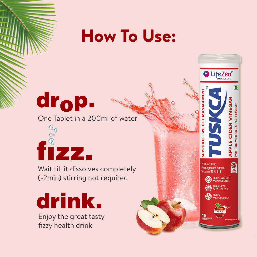 A tablet of apple cider vinegar fizzing in a glass of water, illustrating the 'drop, fizz, drink' process.