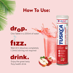 A tablet of apple cider vinegar fizzing in a glass of water, illustrating the 'drop, fizz, drink' process.