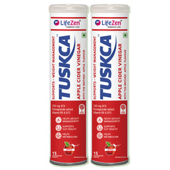 Two LifeZen Tuskca Apple Cider Vinegar supplement tubes on a white background.