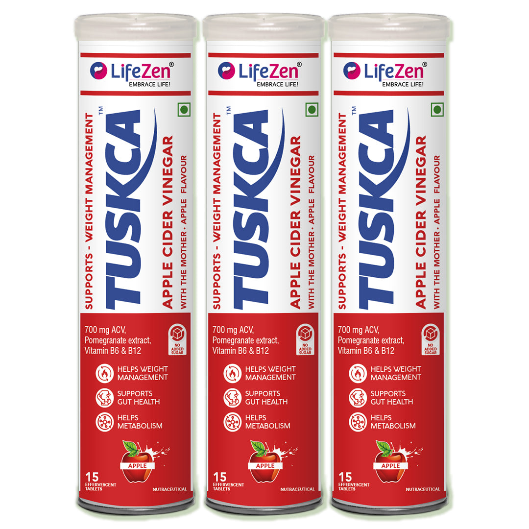 Three LifeZen TUSKCA apple cider vinegar containers on a white background