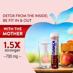 Bottle of Tuskca Apple Cider Vinegar tablets (1.5X stronger, 700mg), shown with a tablet dissolving in a glass of water.