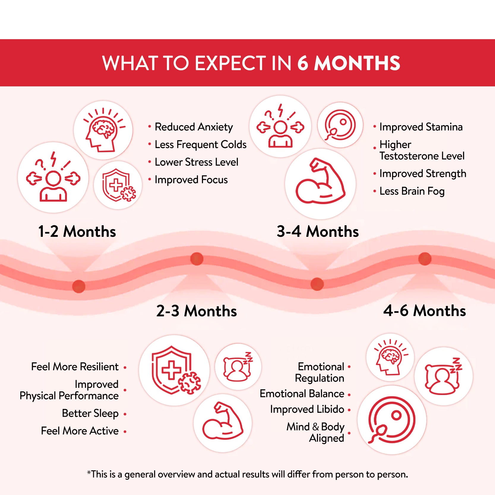 Chart titled 'What to Expect in 6 Months' with icons and text on a red and white background.