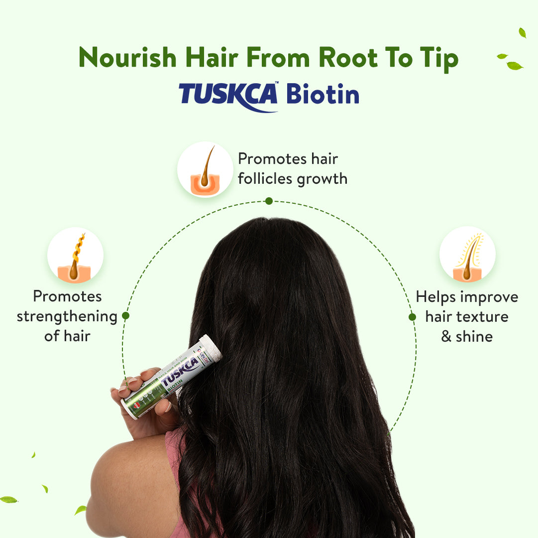 A person with long, shiny, and healthy-looking hair, representing the benefits of TUSKCA Biotin supplement.