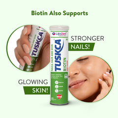 A two-part photo showing nail health improvement. On the top, a dull, brittle nail. In the bottom, a strong and shiny nail, with the Tuskca Biotin tube in the middle.