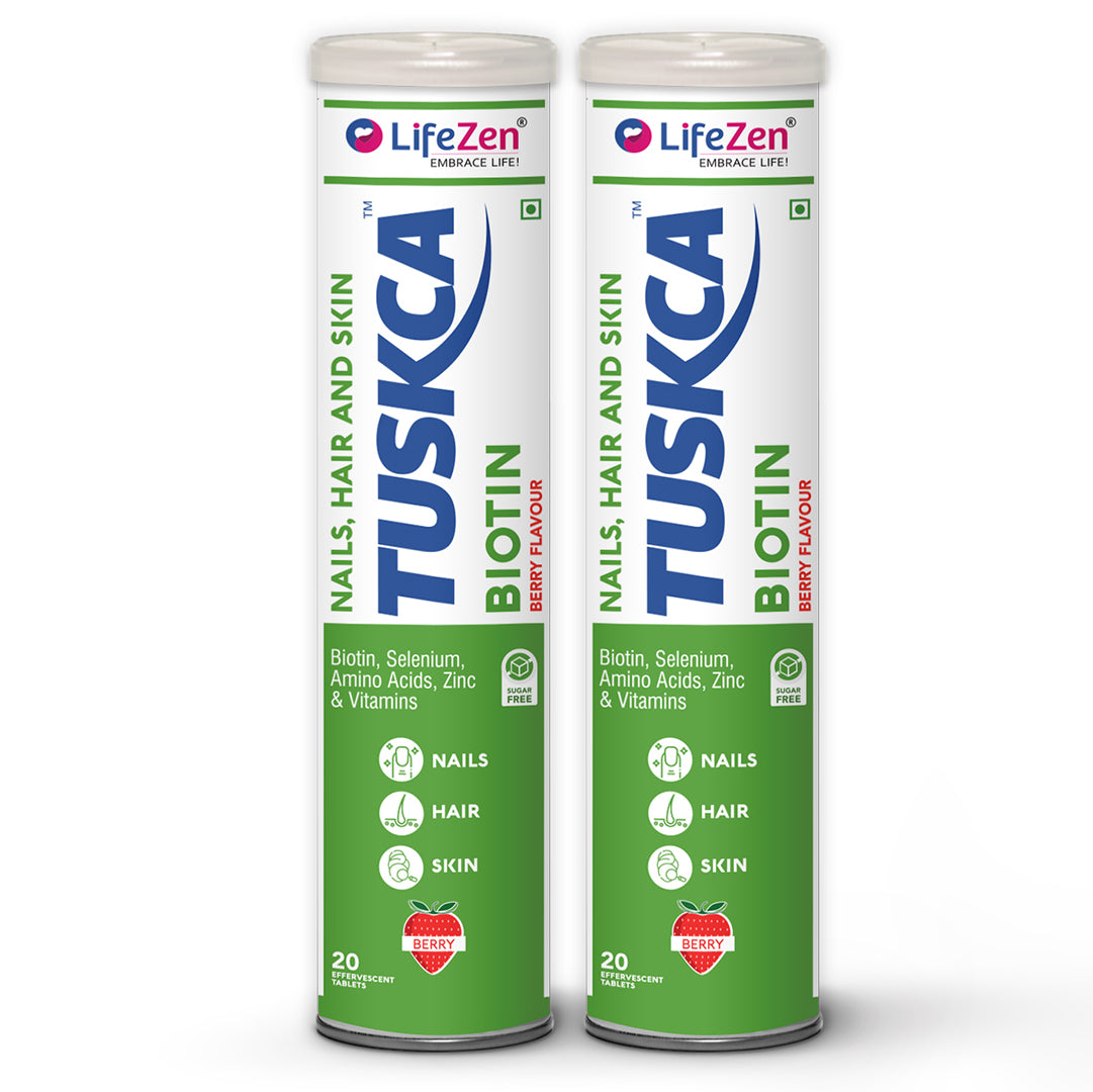Two LifeZen Tuskca Biotin supplement tubes on a white background