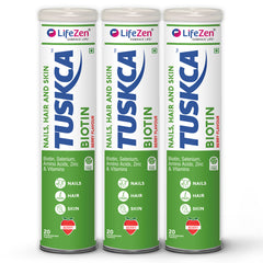 Three LifeZen TUSKCA Biotin supplement cans on a white background