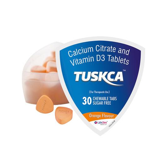 Tuskca Calcium Citrate and Vitamin D3 Tablets packaging with tablets on a white background.