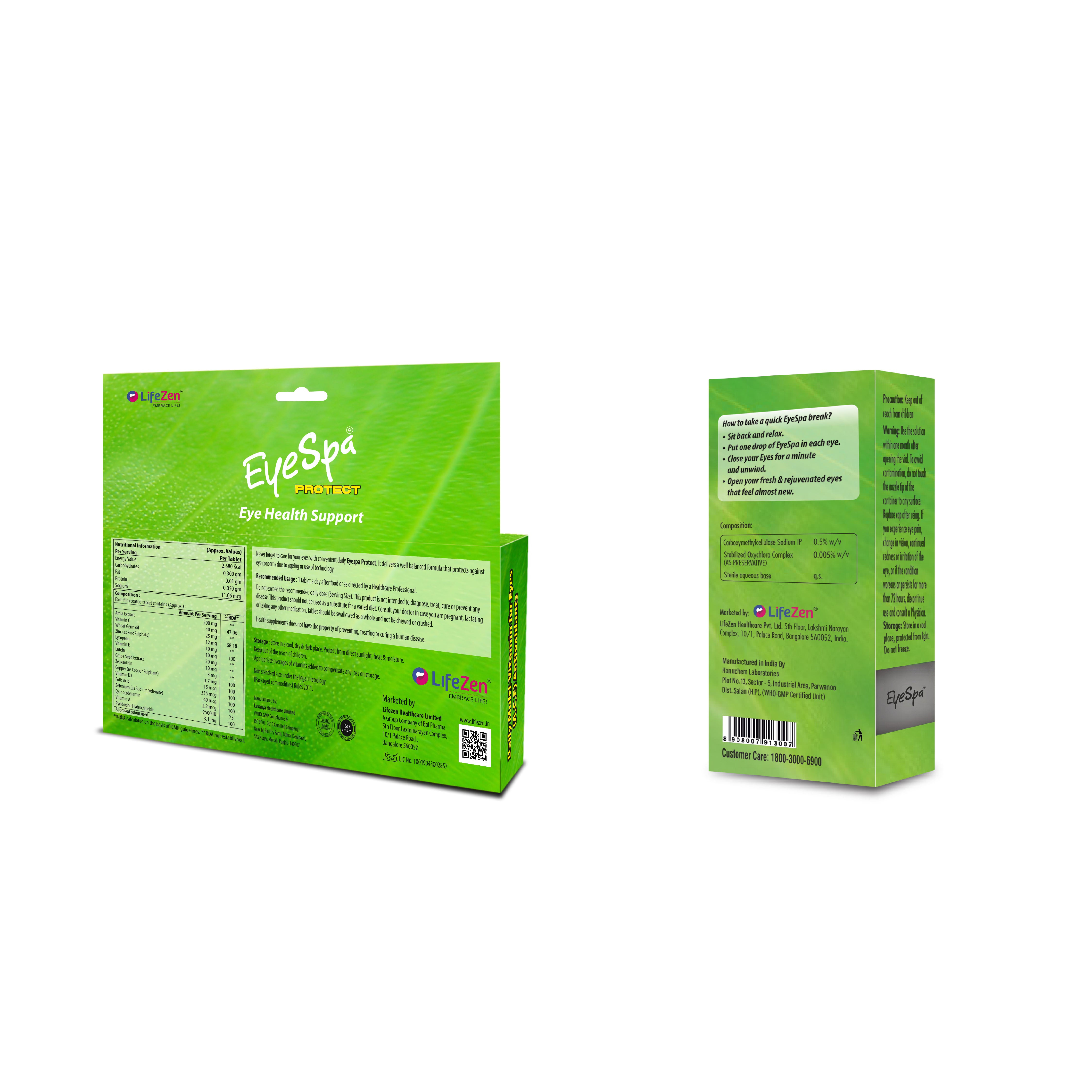 Green packaging of EyeSpa Protect tablets and EyeSpa Eye Drops packaging from backside with detailed text on a white background.