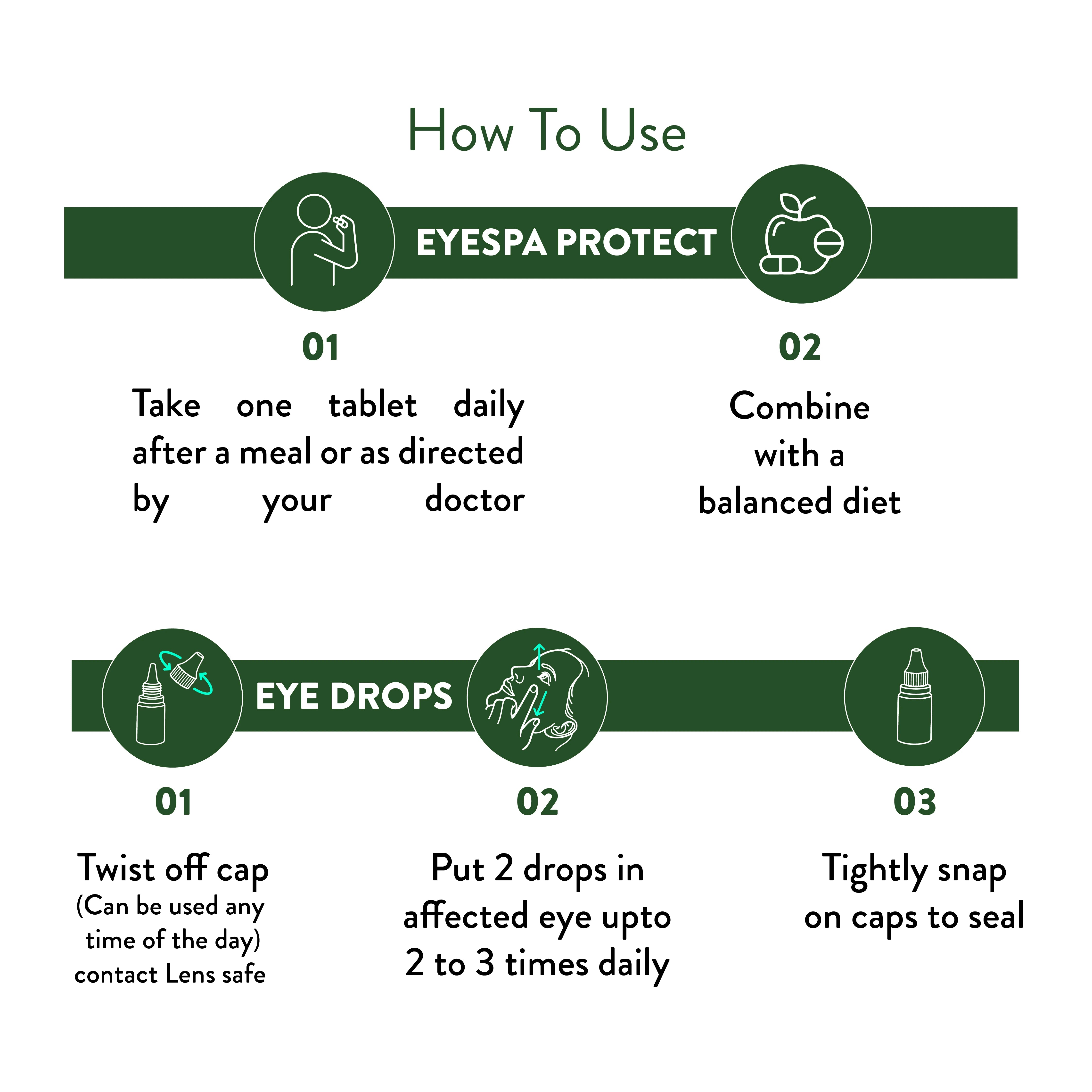 Instructions for using EYESPA PROTECT and EYESPA EYE DROPS on a white background.