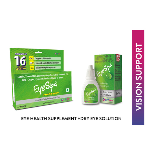 Eye health supplement and dry eye solution packaging with 'EyeSpa' branding on a white background.