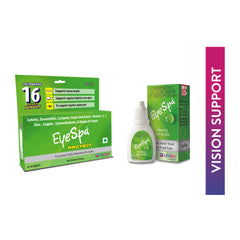 EyeSpa Protect Eye Supplement and EyeSpa eye drops packaging and bottle shown on a white background, with a vertical pink-purple banner reading VISION SUPPORT on the right.