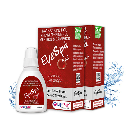 Packaging for EyeSpa Redness Reliever Eye Drops by Lifezen Healthcare, showing the box and bottle with red branding elements and text. Pack of 2.