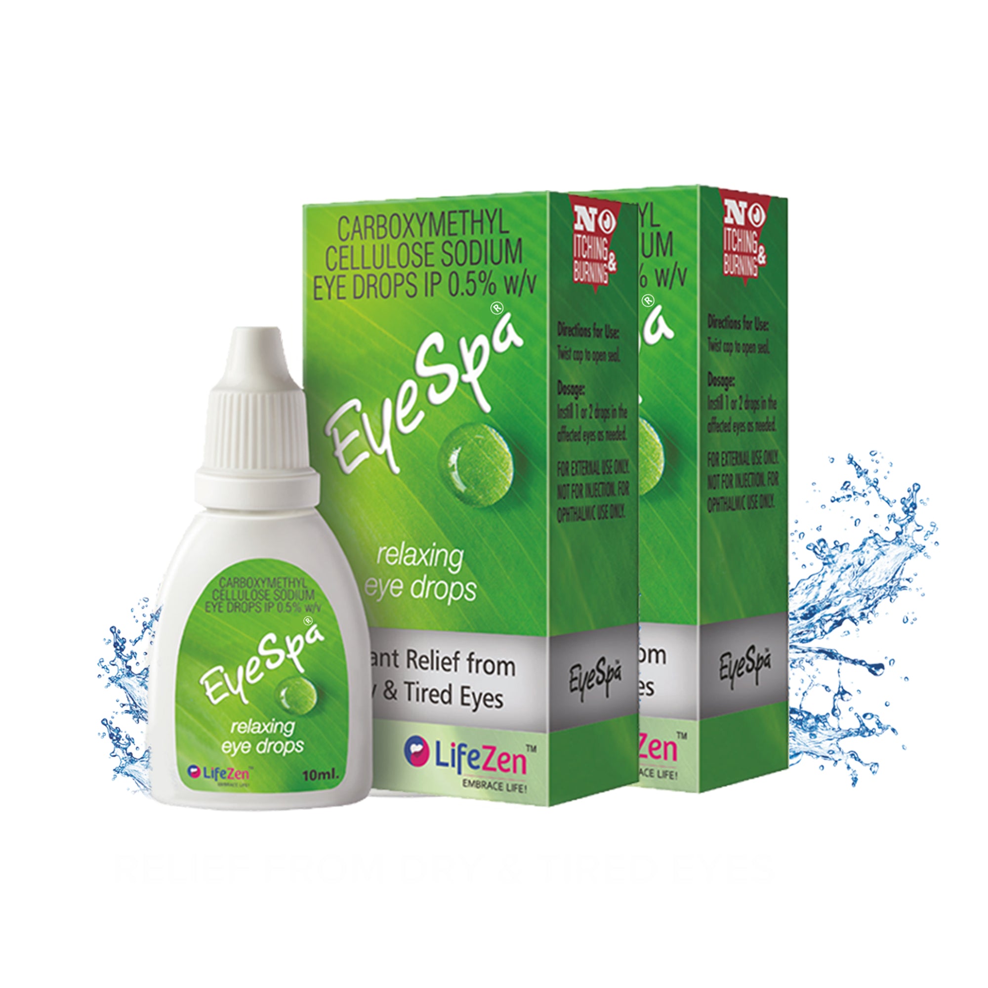 A box and bottle of EyeSpa eye drops for dry eyes, with packaging displaying product information and green color theme. Pack of 2.