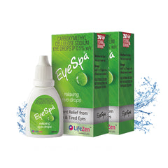 A box and bottle of EyeSpa eye drops for dry eyes, with packaging displaying product information and green color theme. Pack of 2.