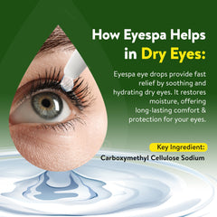 An eye depicted inside a drop-shaped frame, with text mentioning how Eye Spa regular eye drops help in dry eye conditions and highlight the key ingredient, Carboxymethyl cellulose.