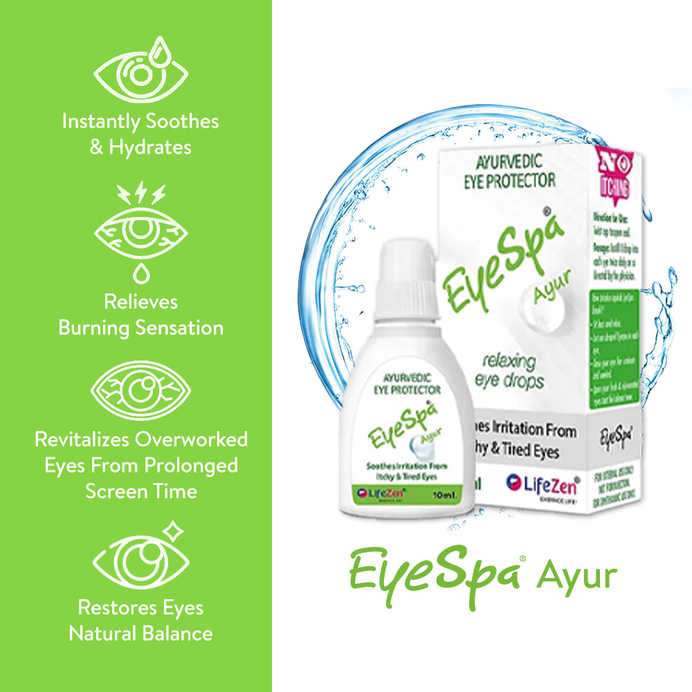 Eye Spa Ayur eye drop packaging with product features on a green background.