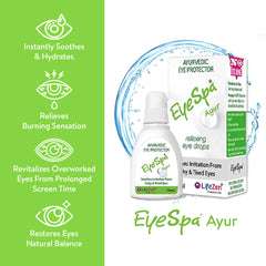 Eye Spa Ayur eye drop packaging with product features on a green background.
