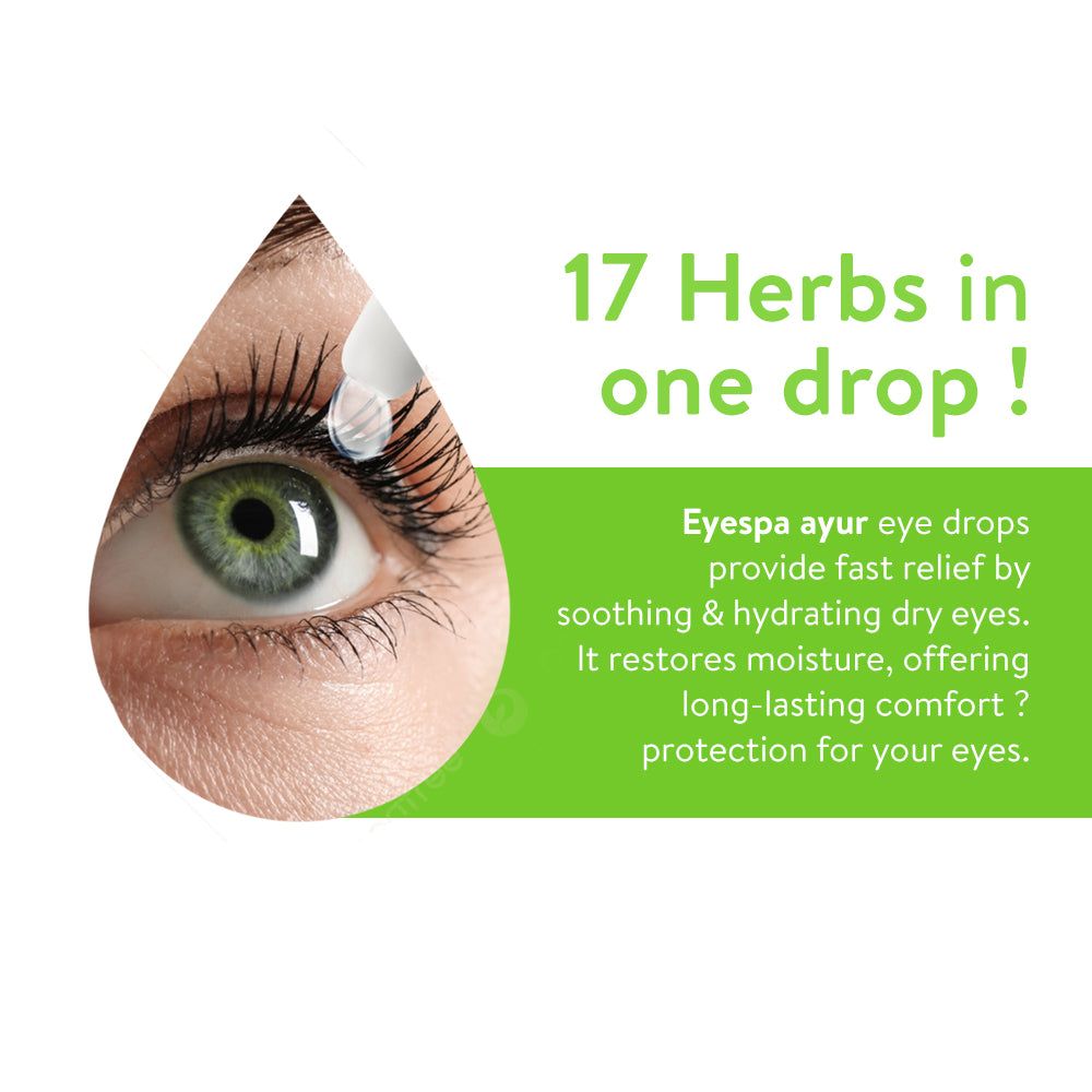 Advertisement for Eyespa ayur eye drops with a close-up of an eye and text about the 17 herbal ingredients.