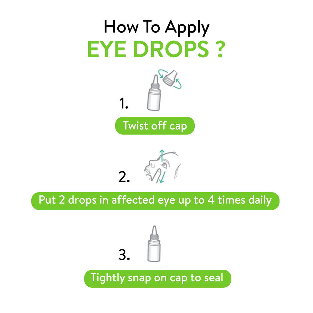 Instructions on how to apply eye drops with illustrations and text.