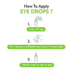 Instructions on how to apply eye drops with illustrations and text.