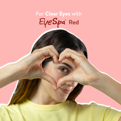 Woman making a heart shape with her hands on a pink background with 'EyeSpa Red' text.