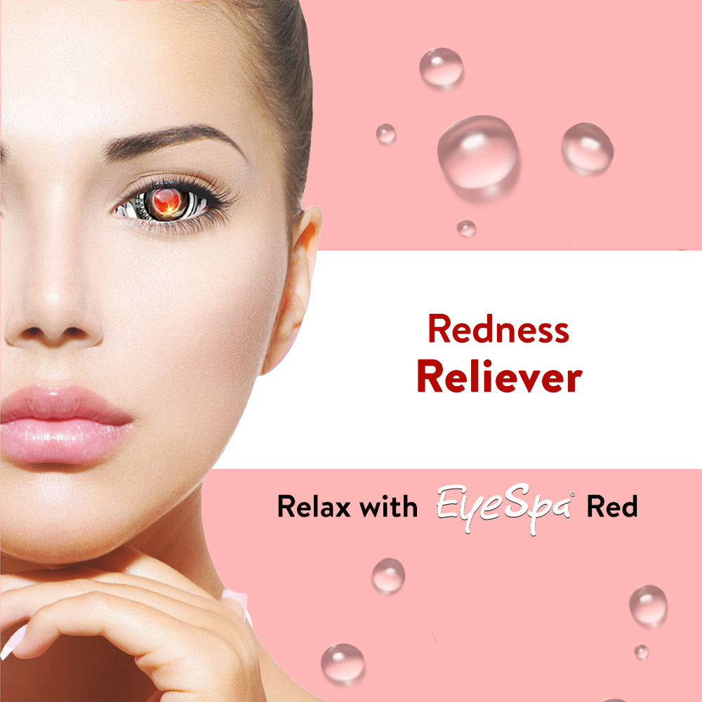 Advertisement for EyeSpa Red Redness Reliever with a close-up of a woman's face and pink background with water droplets.