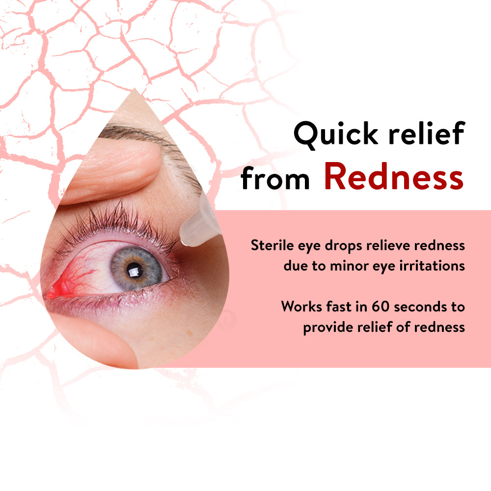 Eye with redness, drop of eye drops, and text about quick relief from redness.