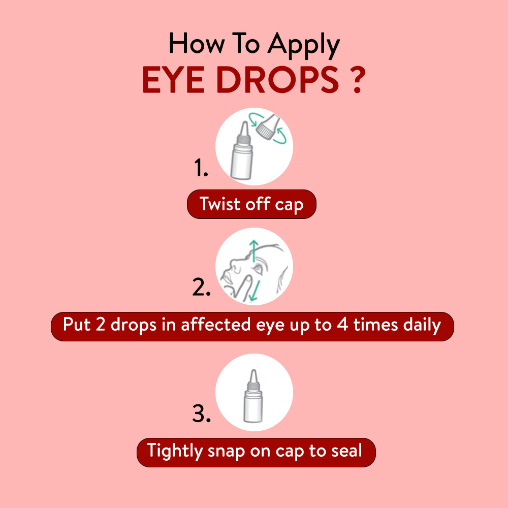 Instructions on how to apply eye drops with illustrations and text on a pink background