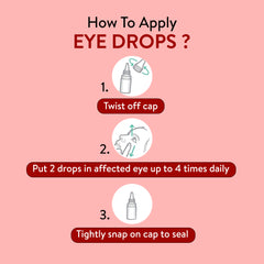 Instructions on how to apply eye drops with illustrations and text on a pink background