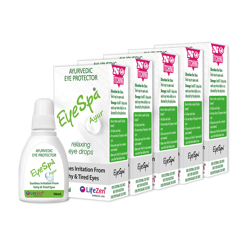 EyeSpa eye drop bottle with multiple boxes on a white background. Pack of 5.