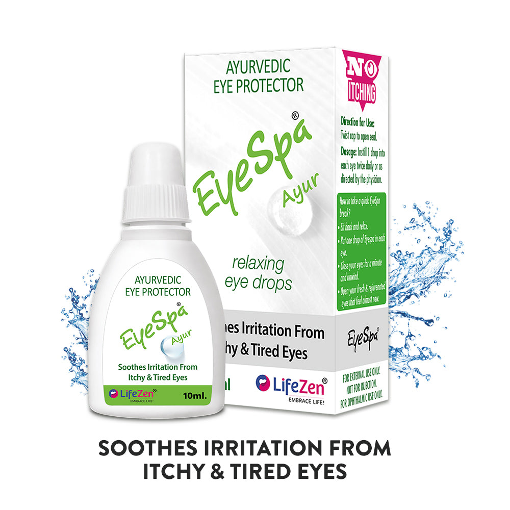 EyeSpa Ayur eye drop bottle and packaging on a white background. Pack of 1.