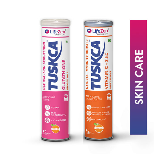 Two LifeZen TUSKCA supplements tubes on a white background with a 'Skin Care' label.