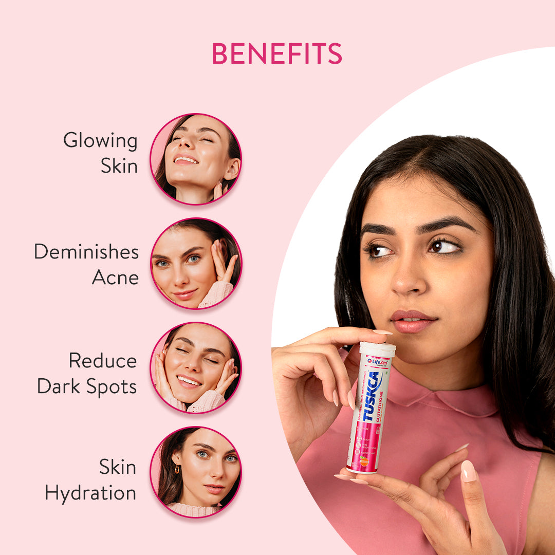 Benefits of Tuskca Glutathione for skin. Helps in pigmentation, acne marks, dull skin, wrinkles and fine lines.