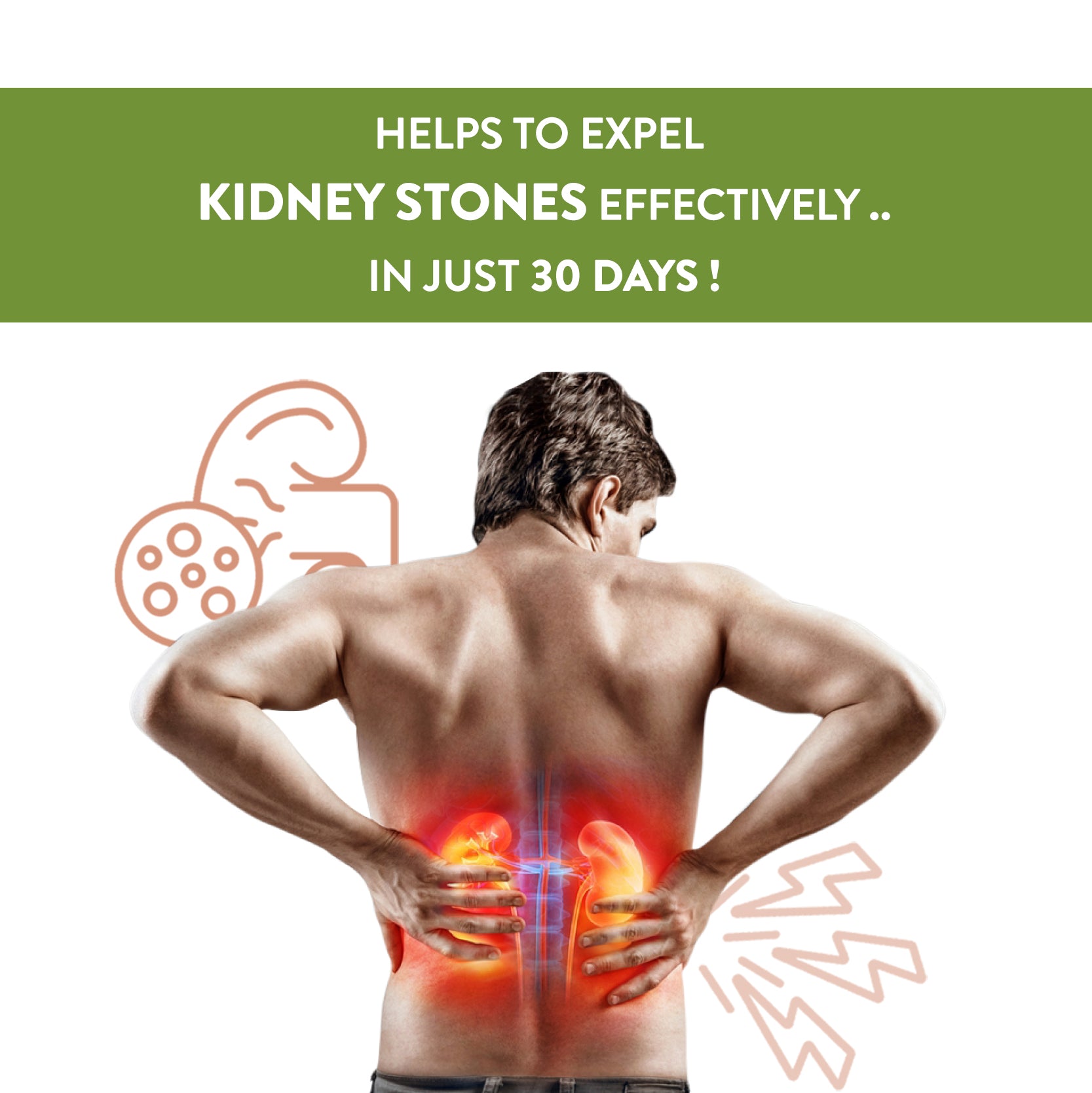 Man with kidney pain illustration and text about expelling kidney stones effectively in 30 days.