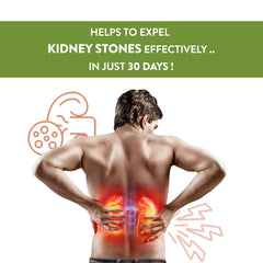 Man with kidney pain illustration and text about expelling kidney stones effectively in 30 days.