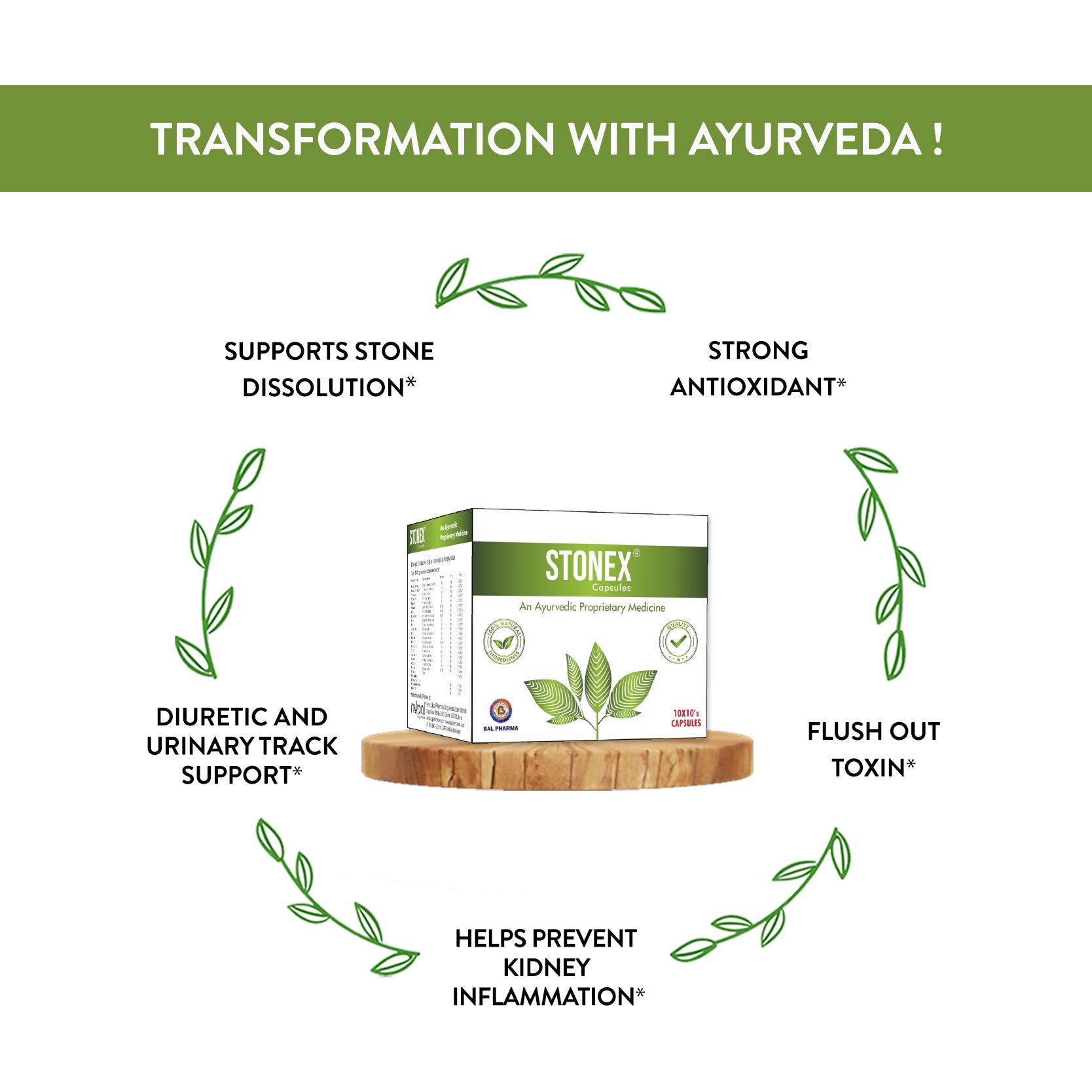 Stonex Ayurvedic product packaging on a white background with text highlighting benefits.