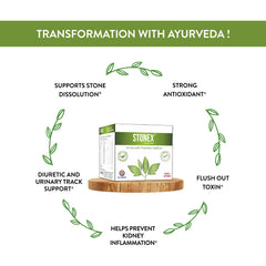 Stonex Ayurvedic product packaging on a white background with text highlighting benefits.