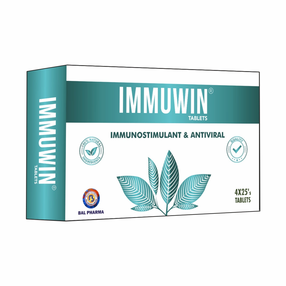 A box of IMMUWIN brand immunity booster tablets, with the product description stating it is an immunostimulant and antiviral.