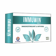 A box of IMMUWIN brand immunity booster tablets, with the product description stating it is an immunostimulant and antiviral.
