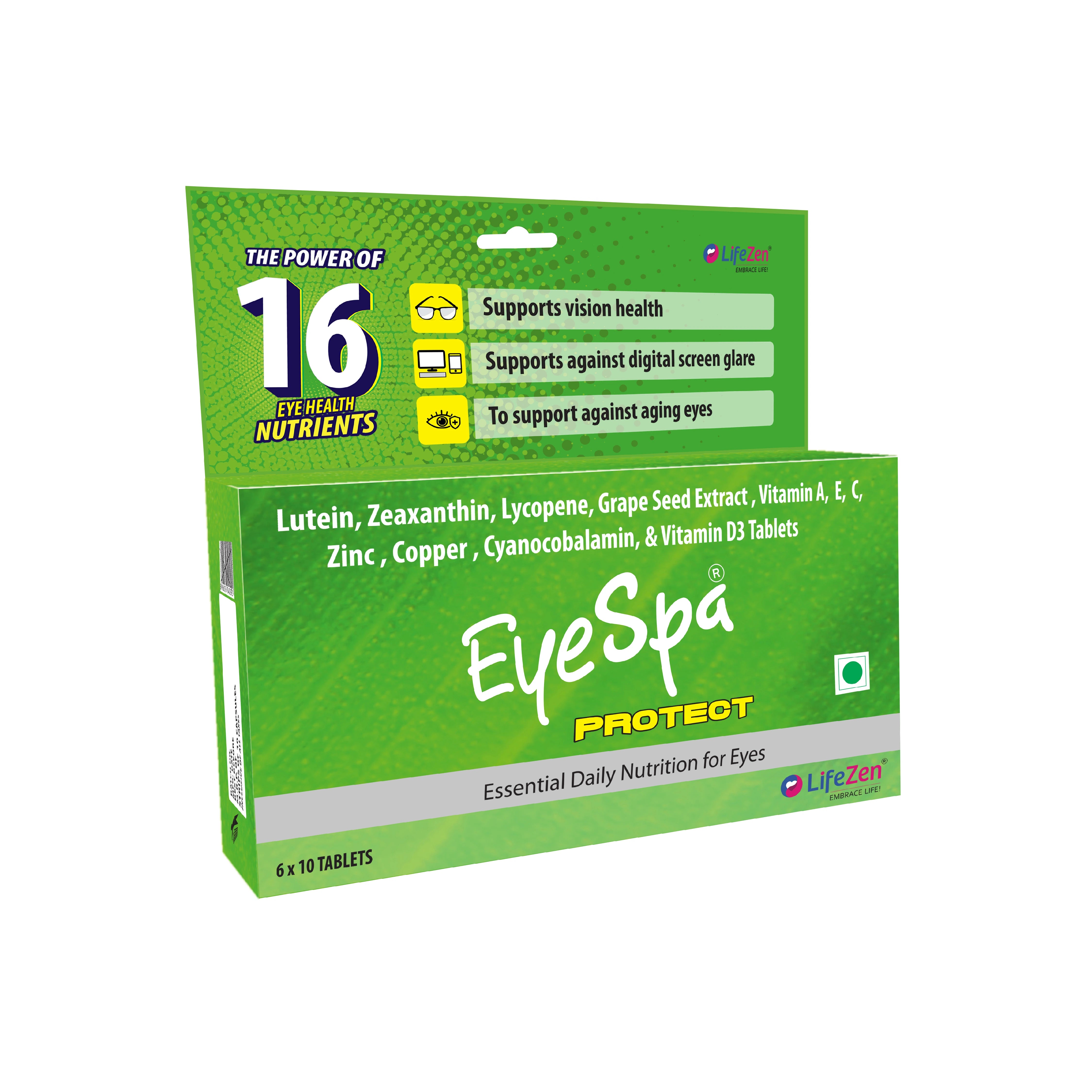 Green packaging of EyeSpa Protect with text on a white background.