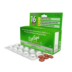 Eye supplement packaging with tablets on a white background.