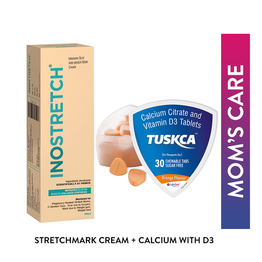 Box of INOSTRETCH stretchmark cream and TUSKCA calcium and vitamin D3 tablets on a white background.