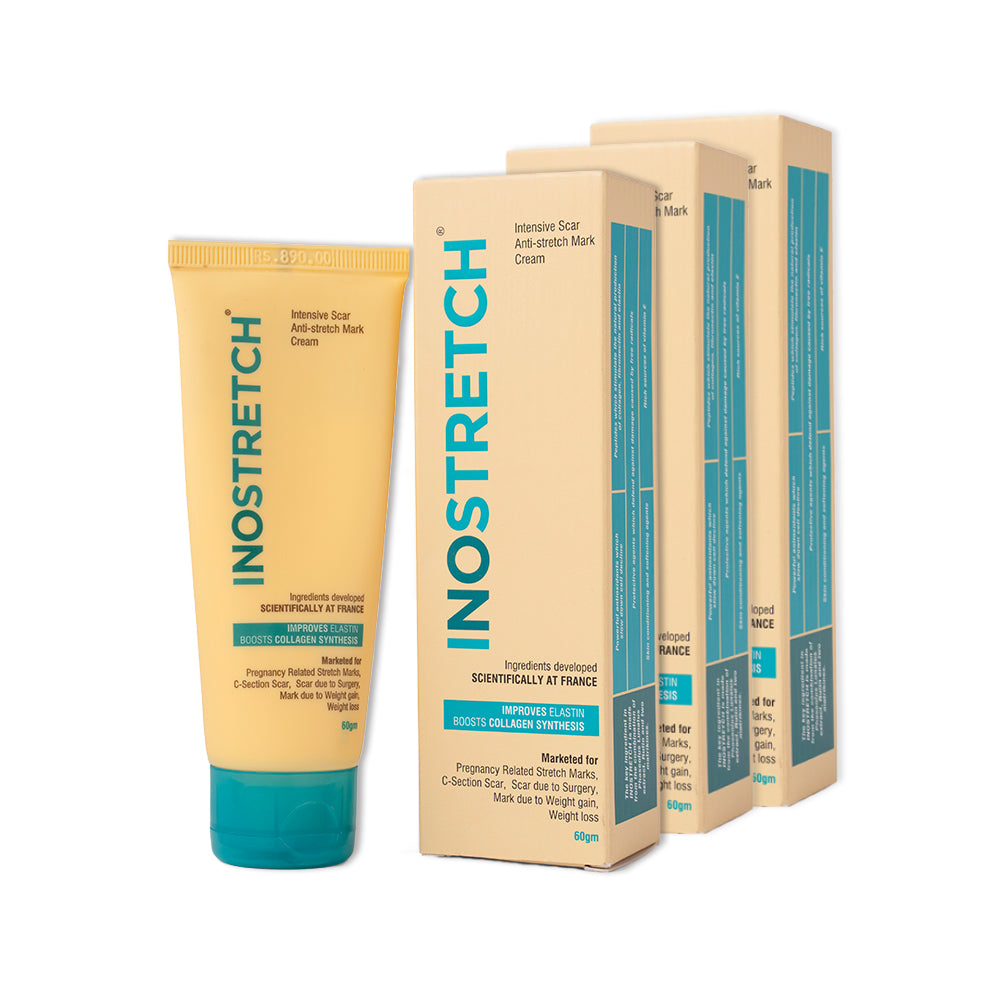 Pack of 3- A package and tube of Inostretch Intensive Scar & Stretch Mark Removal Cream with white background.