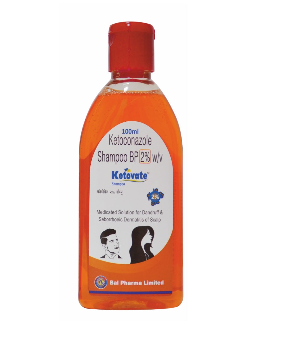 Orange shampoo bottle with a red cap labeled 'Ketovate' on a white background.