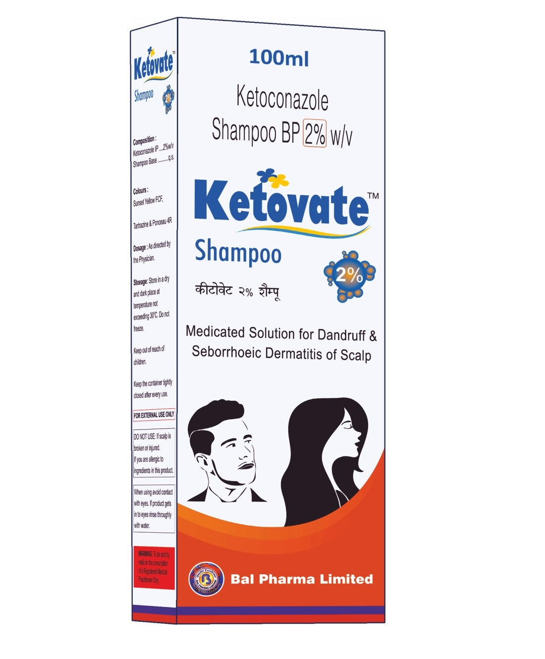 Ketovate shampoo packaging with branding and product details on a white background.