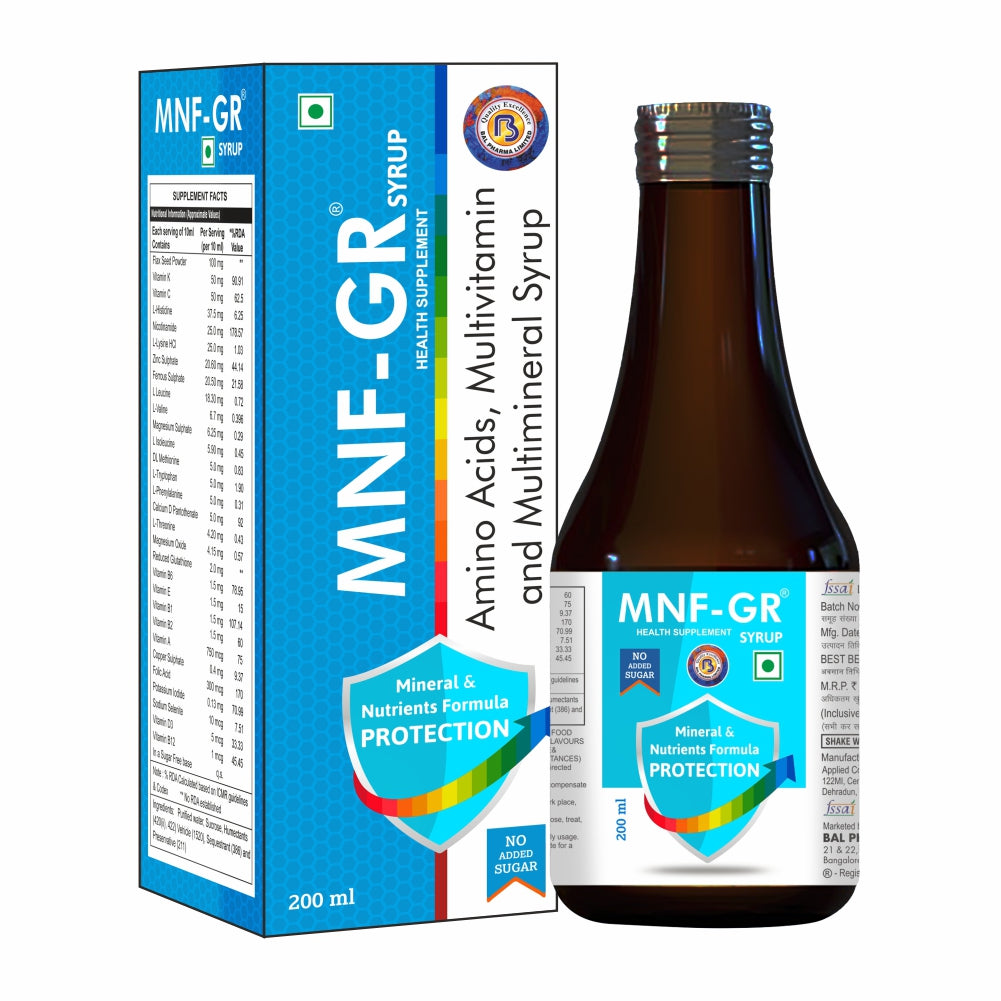 MNF GR syrup bottle and box on a white background.